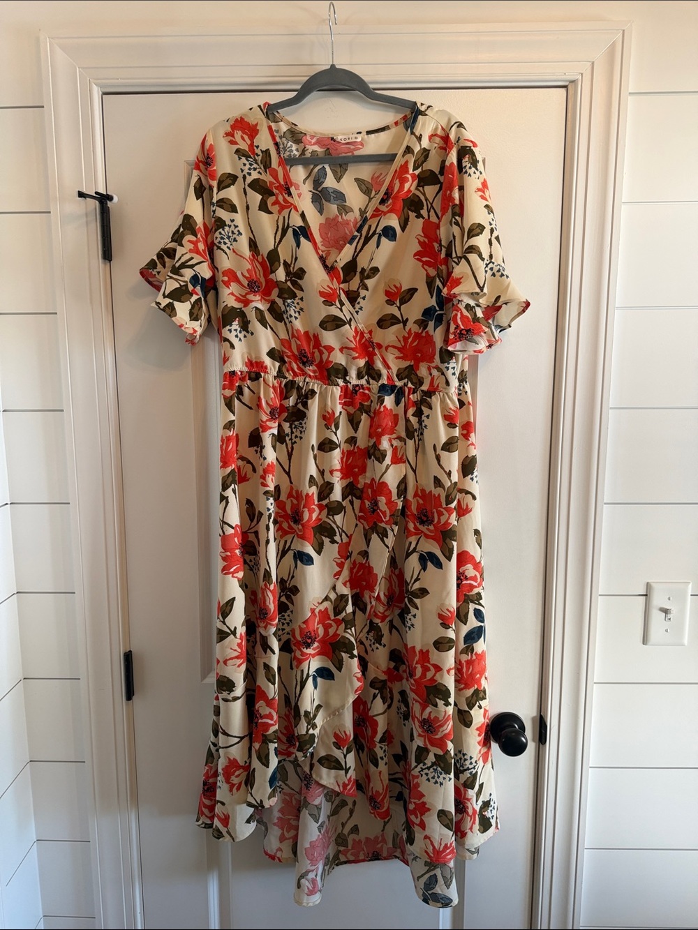 Kori Cream Wrap High-Low Dress with Coral Floral Print